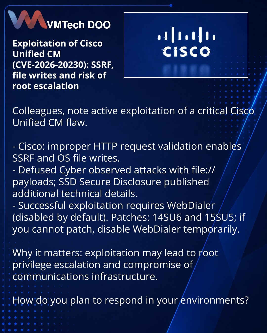 Eksploatacija ranjivosti Cisco Unified CM (CVE-2026-20230): SSRF, zapis fajlova i rizik eskalacije na root

Kolege, želim da skrenem pažnju: zabeležena je eksploatacija kritične ranjivosti u Cisco Unified CM (CVE-2026-20230).

- Cisco opisuje problem kao neispravnu validaciju HTTP zahteva, što omogućava SSRF i zapis fajlova u OS.
- Defused Cyber je registrovao napade sa file:// payload-ima; SSD Secure Disclosure je objavio dodatne tehničke detalje.
- Za uspešan napad potreban je omogućen WebDial