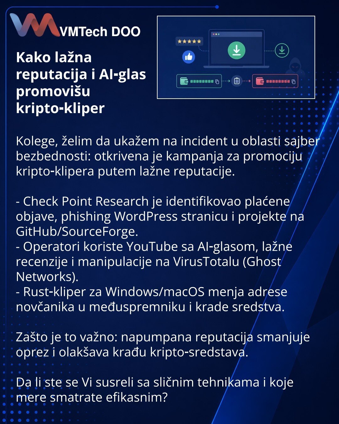 Kako lažna reputacija i AI‑glas promovišu kripto‑kliper

Kolege, želim da ukažem na incident u oblasti sajber bezbednosti: otkrivena je kampanja za promociju kripto‑klipera putem lažne reputacije.

- Check Point Research je identifikovao plaćene objave, phishing WordPress stranicu i projekte na GitHub/SourceForge.
- Operatori koriste YouTube sa AI‑glasom, lažne recenzije i manipulacije na VirusTotalu (Ghost Networks).
- Rust‑kliper za Windows/macOS menja adrese novčanika u međuspremniku i krade