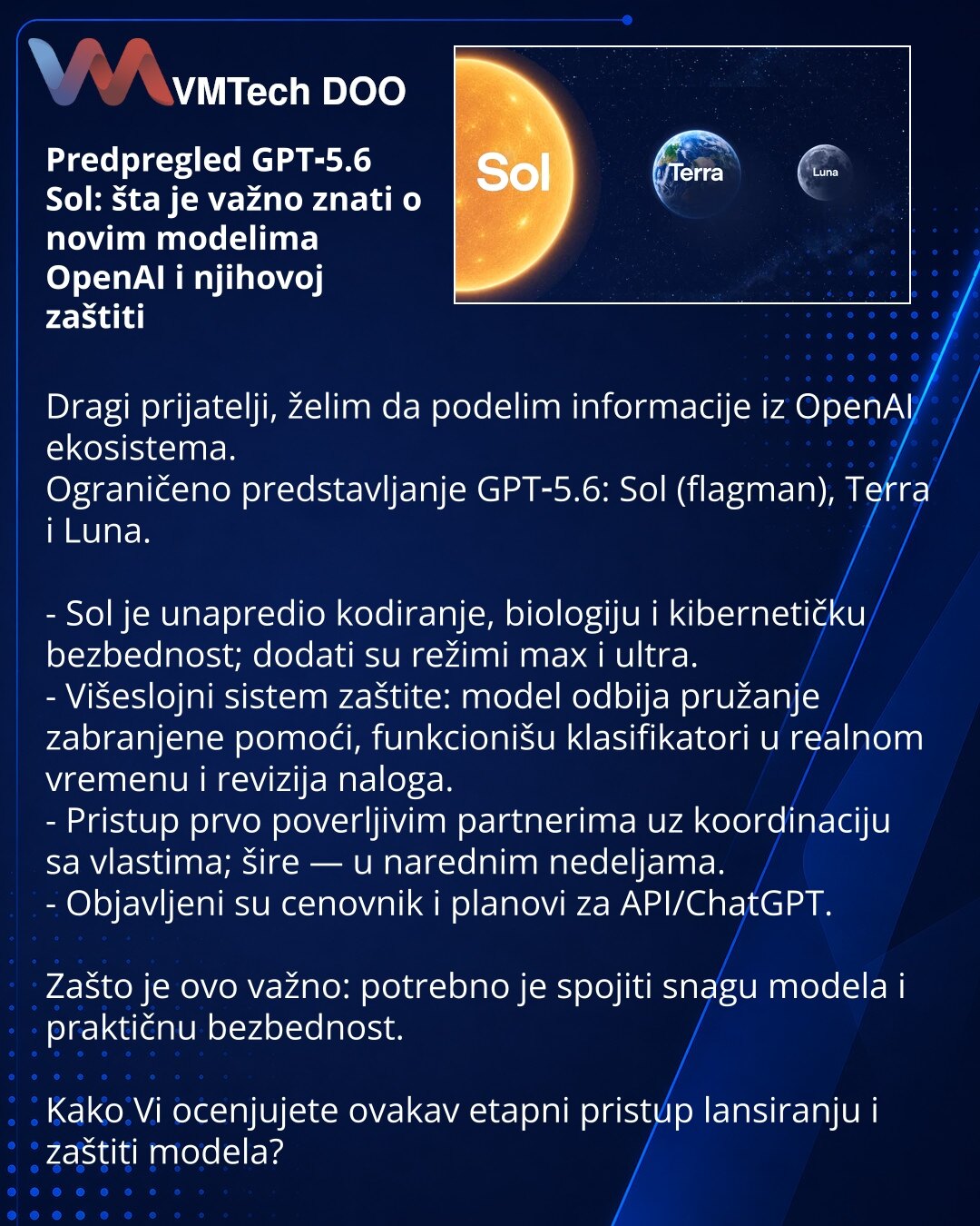 Predpregled GPT‑5.6 Sol: šta je važno znati o novim modelima OpenAI i njihovoj zaštiti

Dragi prijatelji, želim da podelim informacije iz OpenAI ekosistema.
Ograničeno predstavljanje GPT‑5.6: Sol (flagman), Terra i Luna.

- Sol je unapredio kodiranje, biologiju i kibernetičku bezbednost; dodati su režimi max i ultra.
- Višeslojni sistem zaštite: model odbija pružanje zabranjene pomoći, funkcionišu klasifikatori u realnom vremenu i revizija naloga.
- Pristup prvo poverljivim partnerima uz koordin