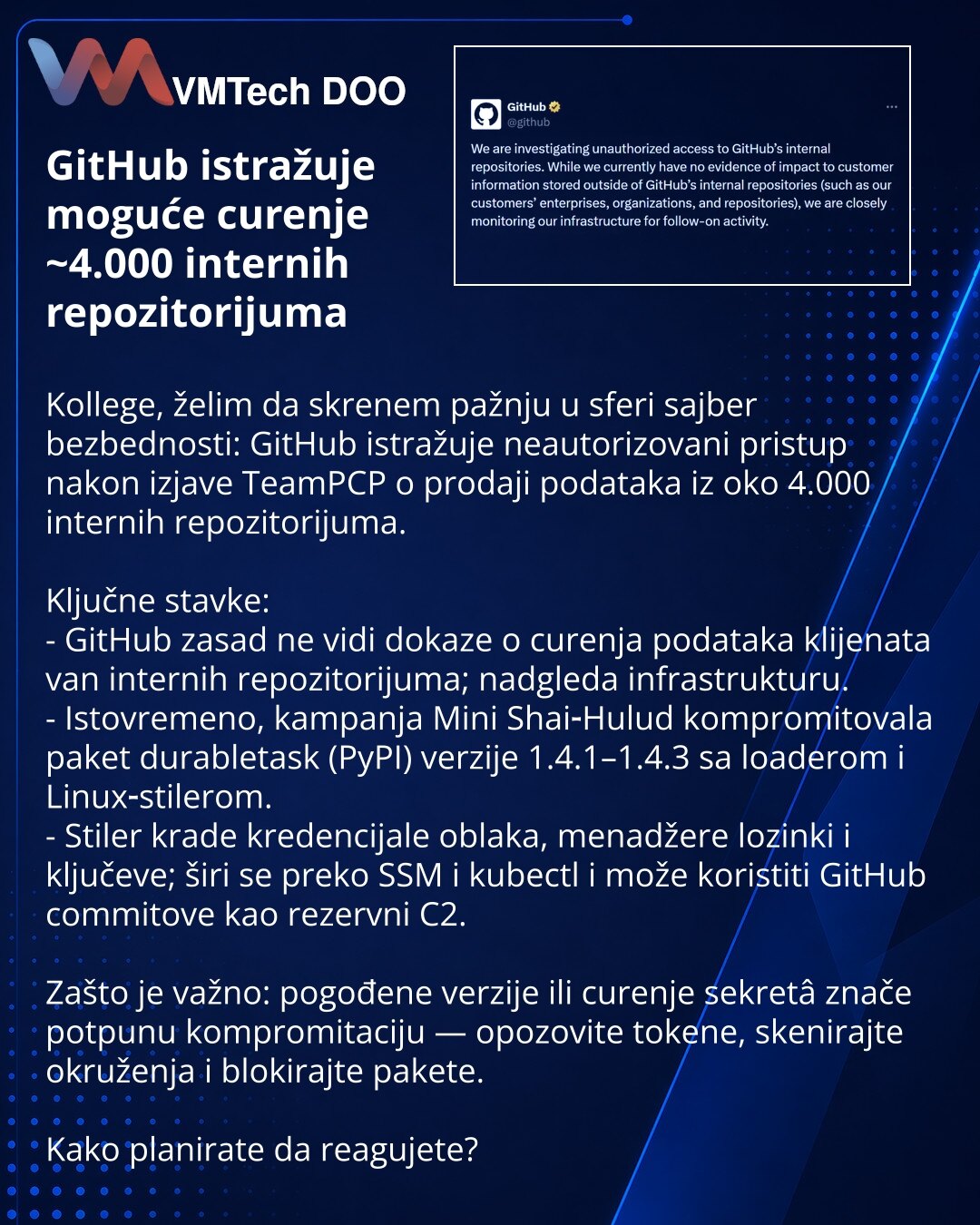 GitHub istražuje moguće curenje ~4.000 internih repozitorijuma

Kollege, želim da skrenem pažnju u sferi sajber bezbednosti: GitHub istražuje neautorizovani pristup nakon izjave TeamPCP o prodaji podataka iz oko 4.000 internih repozitorijuma.

Ključne stavke:
- GitHub zasad ne vidi dokaze o curenja podataka klijenata van internih repozitorijuma; nadgleda infrastrukturu.
- Istovremeno, kampanja Mini Shai‑Hulud kompromitovala paket durabletask (PyPI) verzije 1.4.1–1.4.3 sa loaderom i Linux‑stilero