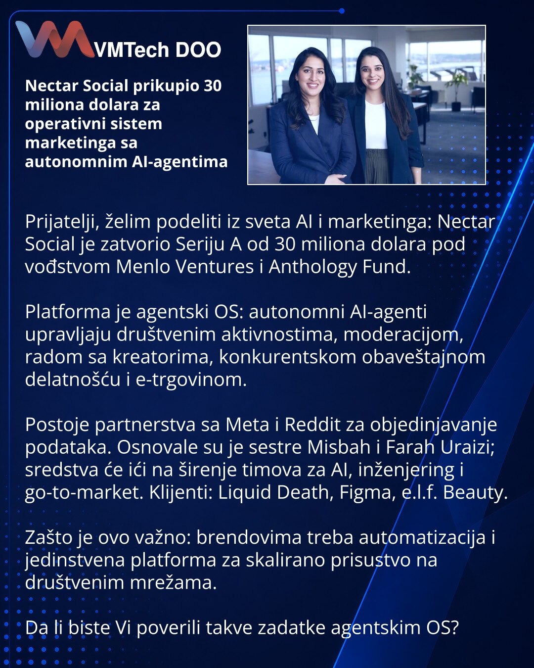 Nectar Social prikupio 30 miliona dolara za operativni sistem marketinga sa autonomnim AI-agentima

Prijatelji, želim podeliti iz sveta AI i marketinga: Nectar Social je zatvorio Seriju A od 30 miliona dolara pod vođstvom Menlo Ventures i Anthology Fund.

Platforma je agentski OS: autonomni AI-agenti upravljaju društvenim aktivnostima, moderacijom, radom sa kreatorima, konkurentskom obaveštajnom delatnošću i e-trgovinom.

Postoje partnerstva sa Meta i Reddit za objedinjavanje podataka. Osnovale