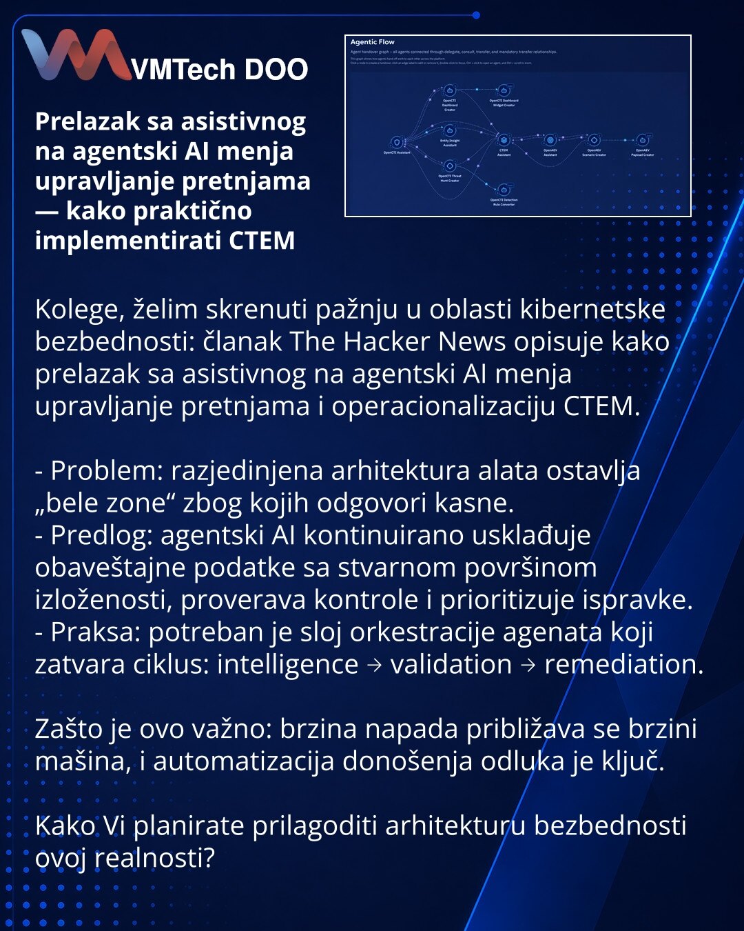 Prelazak sa asistivnog na agentski AI menja upravljanje pretnjama — kako praktično implementirati CTEM

Kolege, želim skrenuti pažnju u oblasti kibernetske bezbednosti: članak The Hacker News opisuje kako prelazak sa asistivnog na agentski AI menja upravljanje pretnjama i operacionalizaciju CTEM.

- Problem: razjedinjena arhitektura alata ostavlja „bele zone“ zbog kojih odgovori kasne.
- Predlog: agentski AI kontinuirano usklađuje obaveštajne podatke sa stvarnom površinom izloženosti, proverava