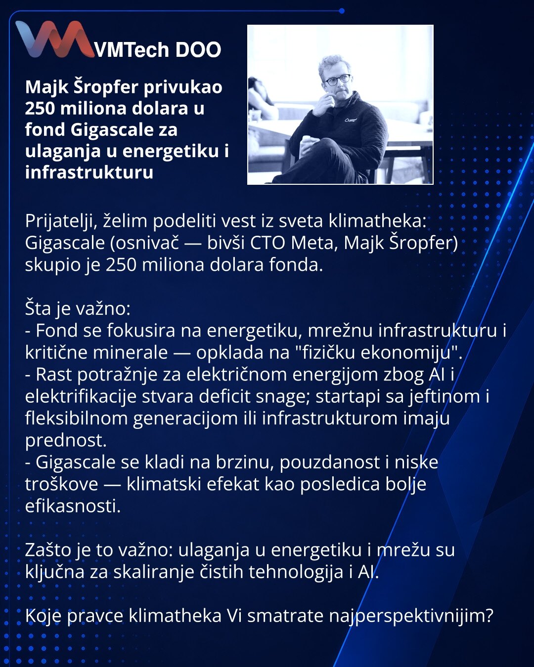 Majk Šropfer privukao 250 miliona dolara u fond Gigascale za ulaganja u energetiku i infrastrukturu

Prijatelji, želim podeliti vest iz sveta klimatheka: Gigascale (osnivač — bivši CTO Meta, Majk Šropfer) skupio je 250 miliona dolara fonda.

Šta je važno:
- Fond se fokusira na energetiku, mrežnu infrastrukturu i kritične minerale — opklada na "fizičku ekonomiju".
- Rast potražnje za električnom energijom zbog AI i elektrifikacije stvara deficit snage; startapi sa jeftinom i fleksibilnom generaci