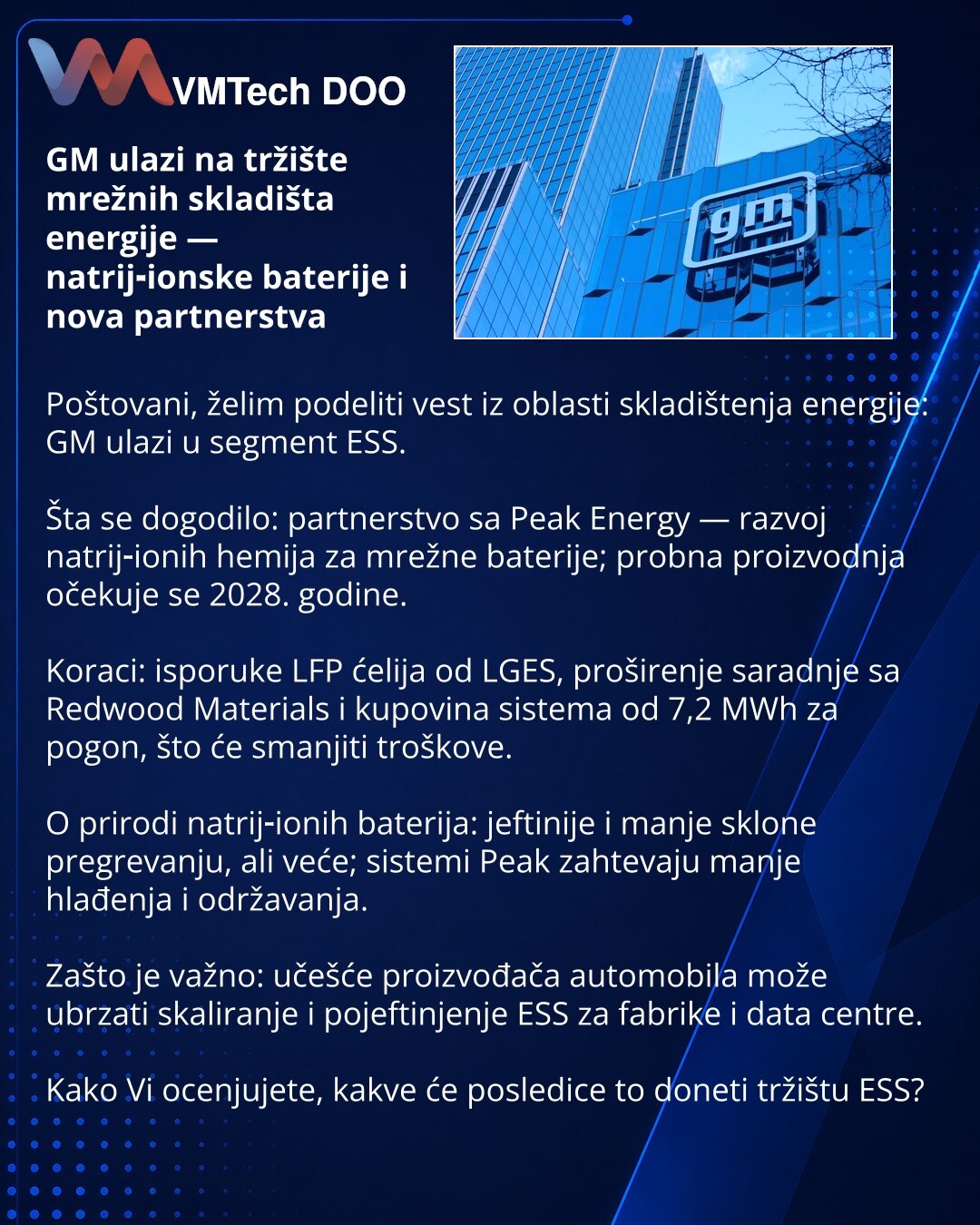 GM ulazi na tržište mrežnih skladišta energije — natrij‑ionske baterije i nova partnerstva

Poštovani, želim podeliti vest iz oblasti skladištenja energije: GM ulazi u segment ESS.

Šta se dogodilo: partnerstvo sa Peak Energy — razvoj natrij‑ionih hemija za mrežne baterije; probna proizvodnja očekuje se 2028. godine.

Koraci: isporuke LFP ćelija od LGES, proširenje saradnje sa Redwood Materials i kupovina sistema od 7,2 MWh za pogon, što će smanjiti troškove.

O prirodi natrij‑ionih baterija: je