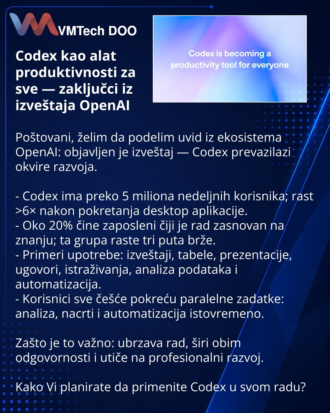 Codex kao alat produktivnosti za sve — zaključci iz izveštaja OpenAI

Poštovani, želim da podelim uvid iz ekosistema OpenAI: objavljen je izveštaj — Codex prevazilazi okvire razvoja.

- Codex ima preko 5 miliona nedeljnih korisnika; rast >6× nakon pokretanja desktop aplikacije.
- Oko 20% čine zaposleni čiji je rad zasnovan na znanju; ta grupa raste tri puta brže.
- Primeri upotrebe: izveštaji, tabele, prezentacije, ugovori, istraživanja, analiza podataka i automatizacija.
- Korisnici sve češće p