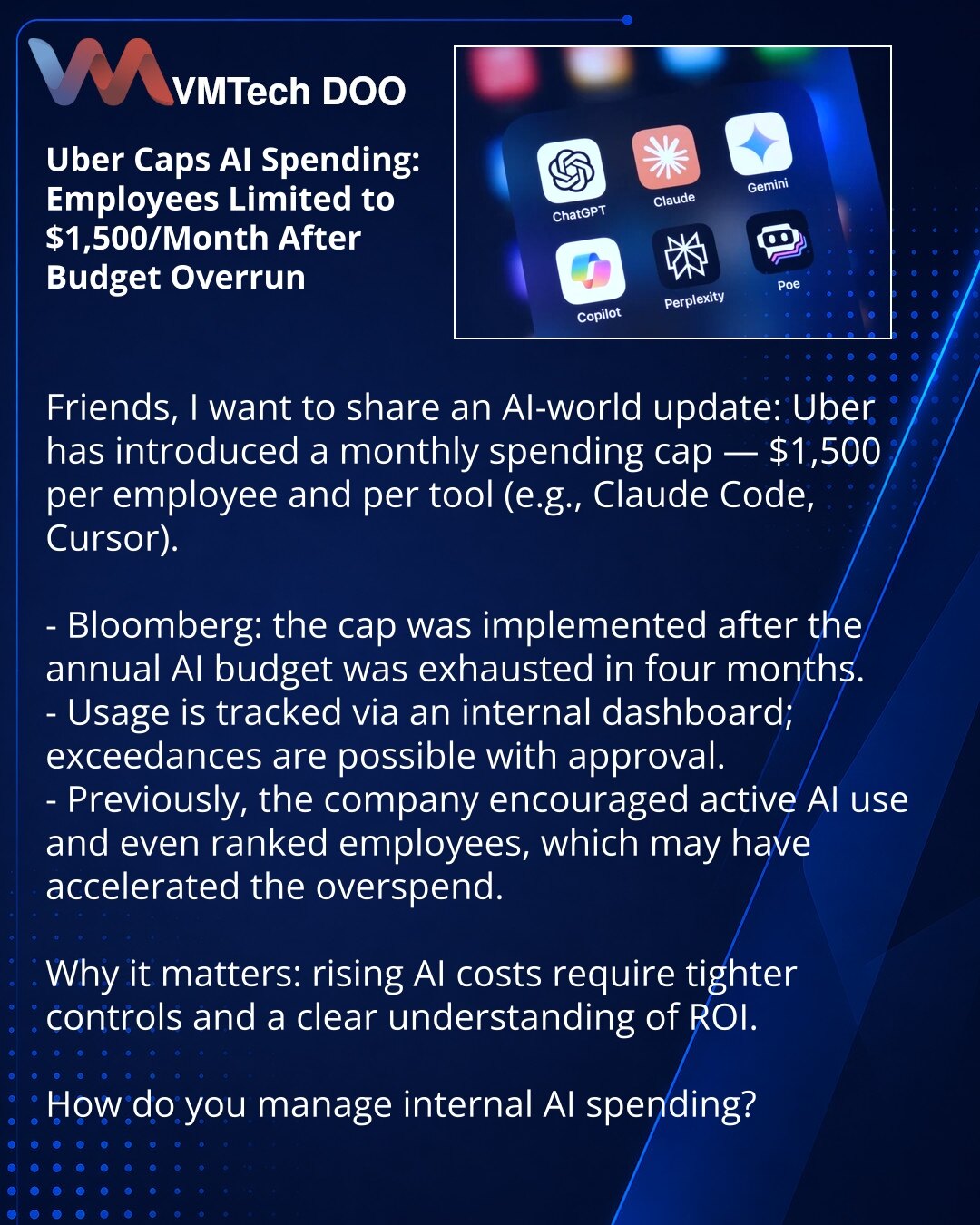 Uber ograničio troškove za veštačku inteligenciju (AI): zaposlenima uveden limit od 1.500 USD mesečno nakon prekoračenja budžeta

Poštovani, želim podeliti informaciju iz sveta veštačke inteligencije: Uber je uveo mesečni limit troškova po zaposlenom — 1.500 USD po osobi i po alatu (npr. Claude Code, Cursor).

- Bloomberg: limit uveden nakon što je godišnji budžet za AI potrošen za četiri meseca.
- Upotreba se prati preko interne table; prekoračenje moguće uz odobrenje.
- Ranije je kompanija pod
