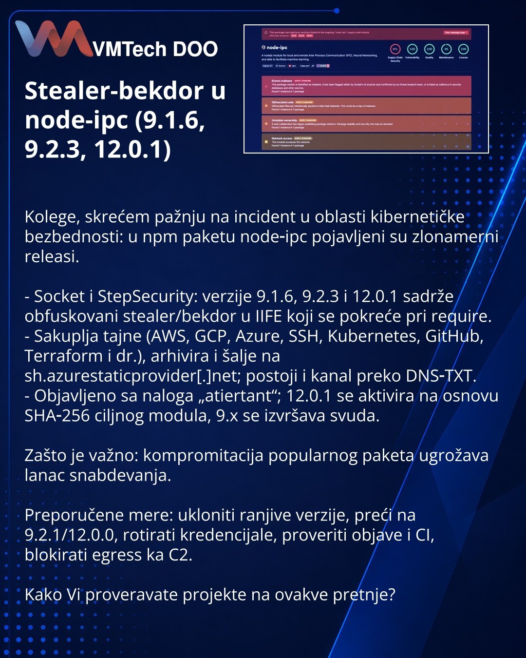 Stealer-bekdor u node-ipc (9.1.6, 9.2.3, 12.0.1)

Kolege, skrećem pažnju na incident u oblasti kibernetičke bezbednosti: u npm paketu node‑ipc pojavljeni su zlonamerni releasi.

- Socket i StepSecurity: verzije 9.1.6, 9.2.3 i 12.0.1 sadrže obfuskovani stealer/bekdor u IIFE koji se pokreće pri require.
- Sakuplja tajne (AWS, GCP, Azure, SSH, Kubernetes, GitHub, Terraform i dr.), arhivira i šalje na sh.azurestaticprovider[.]net; postoji i kanal preko DNS‑TXT.
- Objavljeno sa naloga „atiertant“; 12