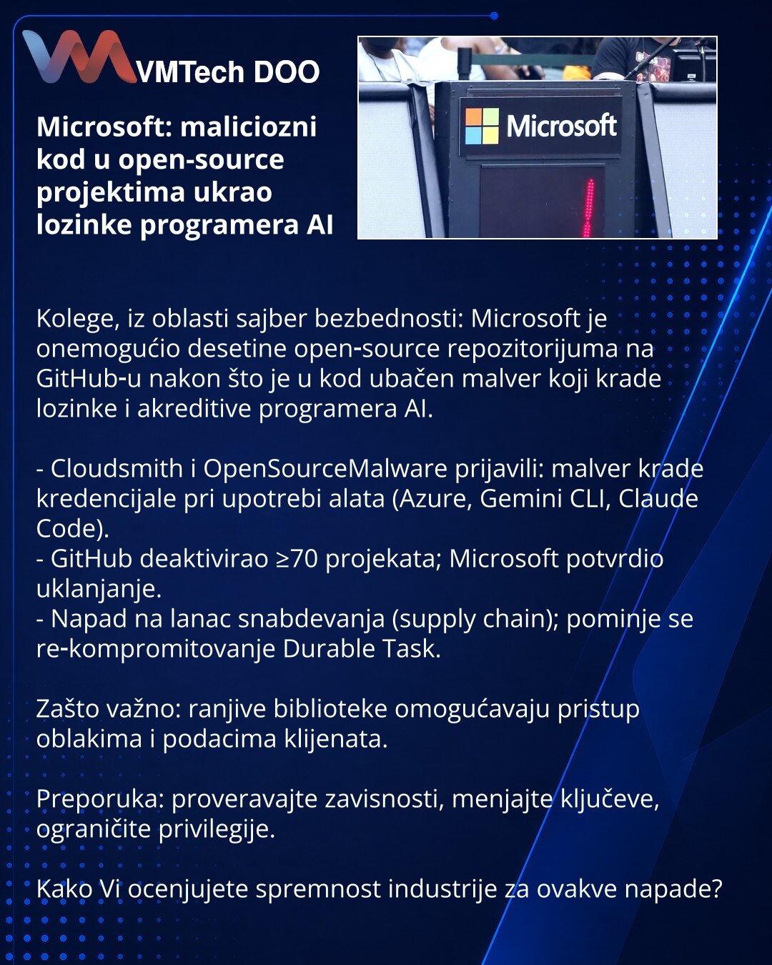 Microsoft: maliciozni kod u open-source projektima ukrao lozinke programera AI

Kolege, iz oblasti sajber bezbednosti: Microsoft je onemogućio desetine open‑source repozitorijuma na GitHub‑u nakon što je u kod ubačen malver koji krade lozinke i akreditive programera AI.

- Cloudsmith i OpenSourceMalware prijavili: malver krade kredencijale pri upotrebi alata (Azure, Gemini CLI, Claude Code).
- GitHub deaktivirao ≥70 projekata; Microsoft potvrdio uklanjanje.
- Napad na lanac snabdevanja (supply c