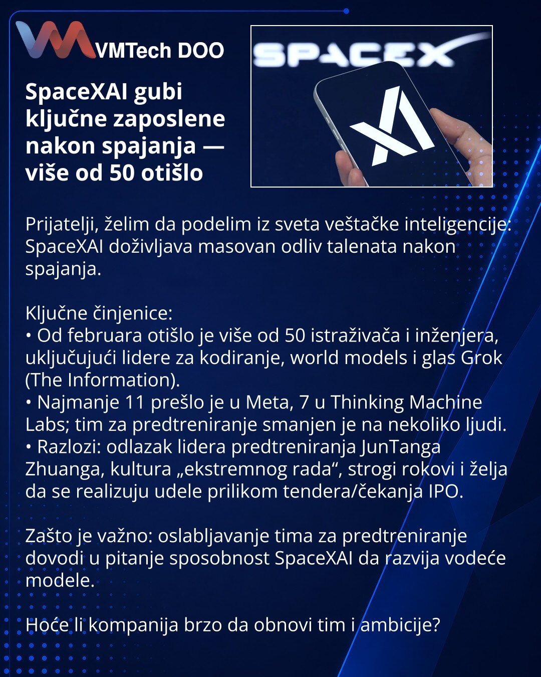 SpaceXAI gubi ključne zaposlene nakon spajanja — više od 50 otišlo

Prijatelji, želim da podelim iz sveta veštačke inteligencije: SpaceXAI doživljava masovan odliv talenata nakon spajanja.

Ključne činjenice:
• Od februara otišlo je više od 50 istraživača i inženjera, uključujući lidere za kodiranje, world models i glas Grok (The Information).
• Najmanje 11 prešlo je u Meta, 7 u Thinking Machine Labs; tim za predtreniranje smanjen je na nekoliko ljudi.
• Razlozi: odlazak lidera predtreniranja Ju