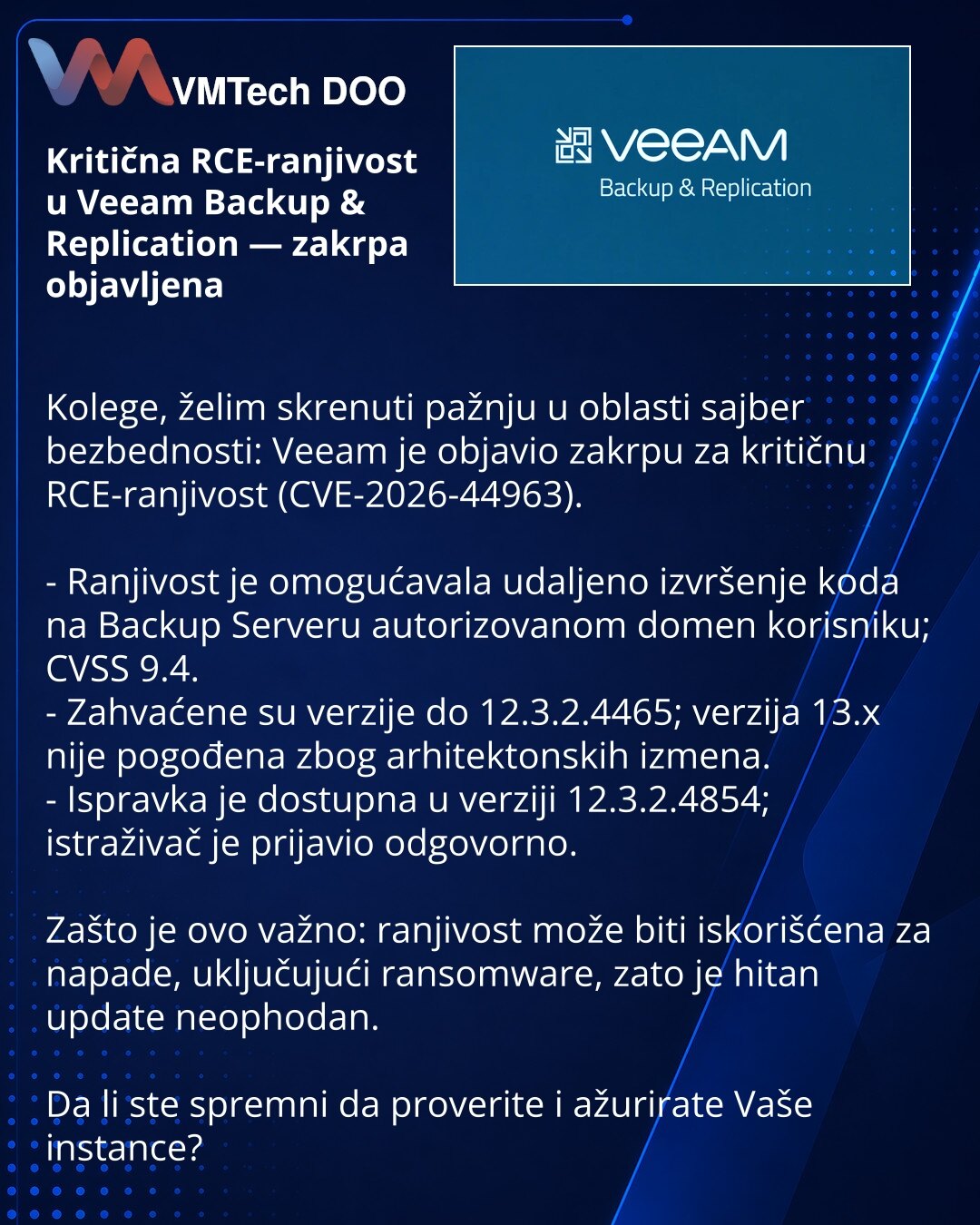 Kritična RCE-ranjivost u Veeam Backup & Replication — zakrpa objavljena

Kolege, želim skrenuti pažnju u oblasti sajber bezbednosti: Veeam je objavio zakrpu za kritičnu RCE-ranjivost (CVE-2026-44963).

- Ranjivost je omogućavala udaljeno izvršenje koda na Backup Serveru autorizovanom domen korisniku; CVSS 9.4.
- Zahvaćene su verzije do 12.3.2.4465; verzija 13.x nije pogođena zbog arhitektonskih izmena.
- Ispravka je dostupna u verziji 12.3.2.4854; istraživač je prijavio odgovorno.

Zašto je ovo