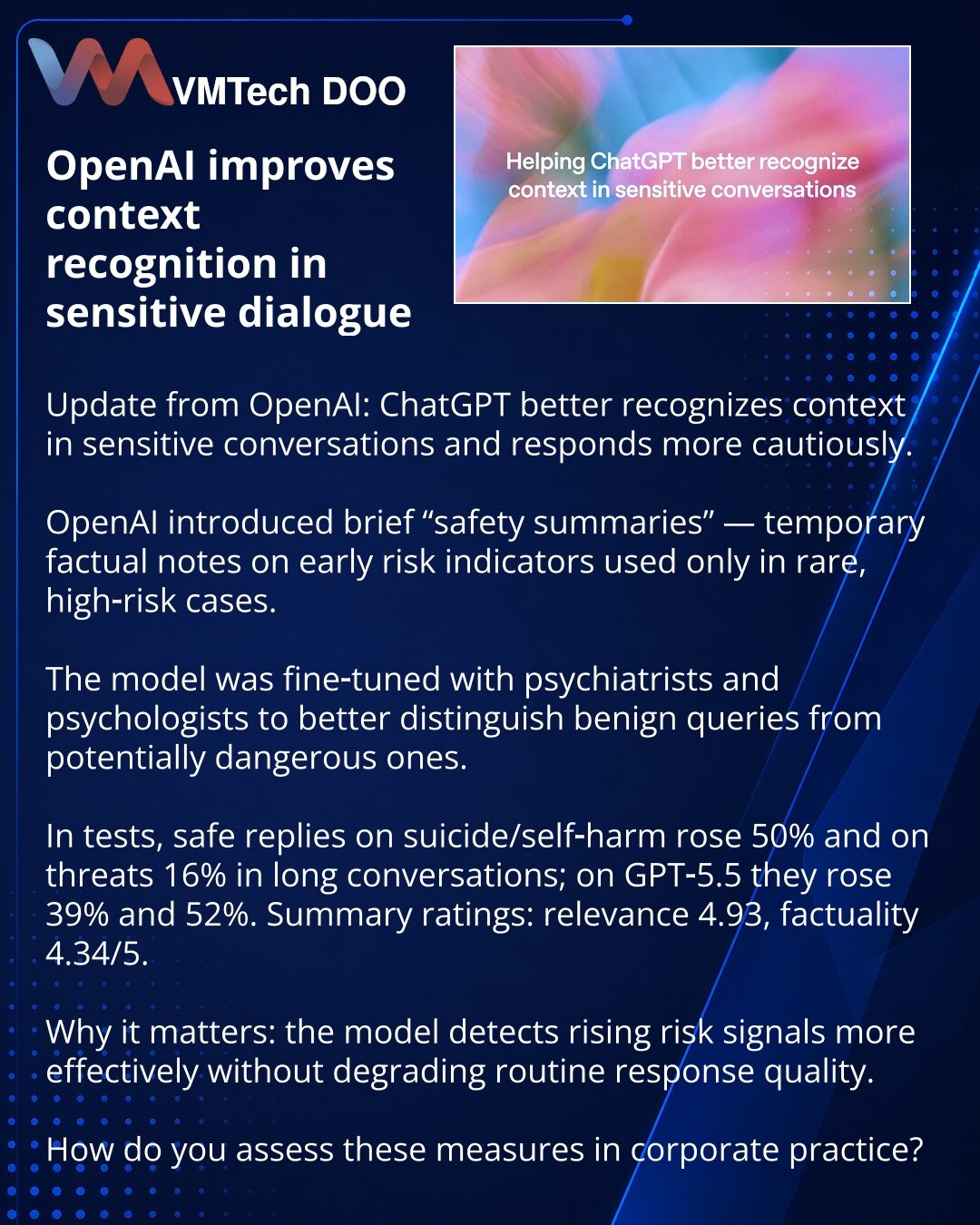OpenAI poboljšava prepoznavanje konteksta u osetljivim dijalozima

Dragi prijatelji, želim da podelim novosti iz OpenAI: ChatGPT bolje prepoznaje kontekst u osetljivim razgovorima i reaguje opreznije.

Uvedene su kratke „bezbednosne sume" — privremene beleške o ranim znacima rizika, korišćene samo u retkim visokorizičnim slučajevima.

Model je dodatno treniran uz psihijatre i psihologe da preciznije razlikuje bezopasne zahteve od potencijalno opasnih.

U testovima: u dugim razgovorima bezbedni o