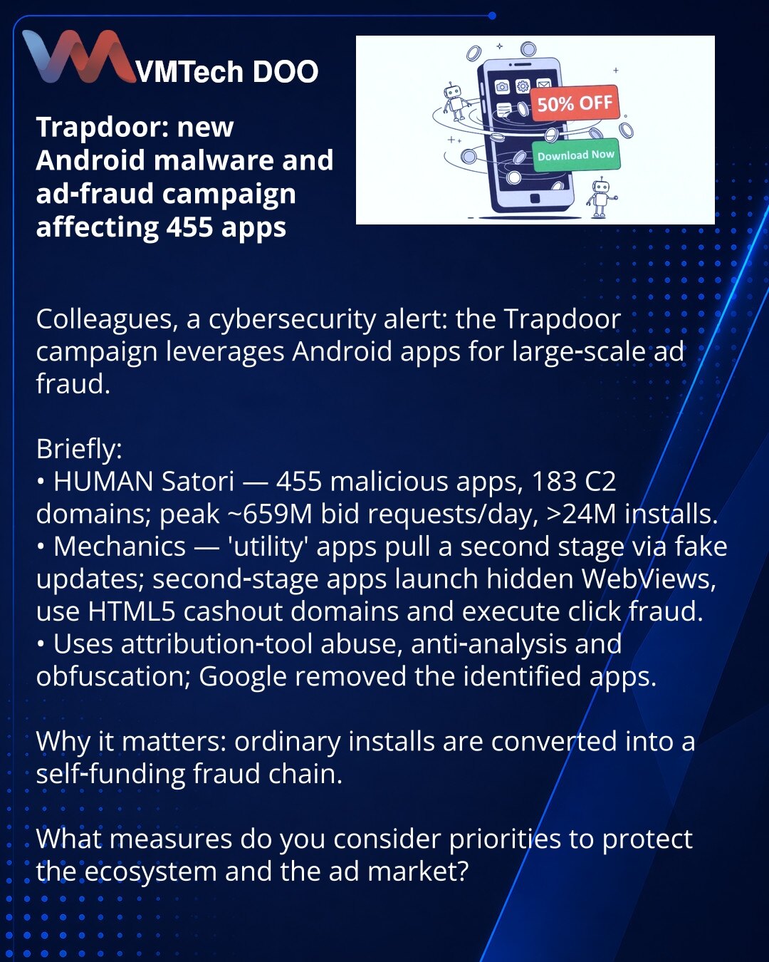 Trapdoor: nova kampanja Android-malvera i reklamnog froda koja je pogodila 455 aplikacija

Kolege, želim da skrenem pažnju u oblasti sajber bezbednosti: otkrivena je kampanja Trapdoor koja koristi Android-aplikacije za masovni reklamni prevaru.

Kratko:
• HUMAN Satori: 455 zlonamernih aplikacija, 183 C2-domena; vrh — 659 mln bid-zahteva/dan, >24 mln preuzimanja.
• Mehanika: „utiliti“ povlače drugu fazu kroz lažna ažuriranja; sekundarne aplikacije pokreću sakriveni WebView, HTML5-cashout-domeni i