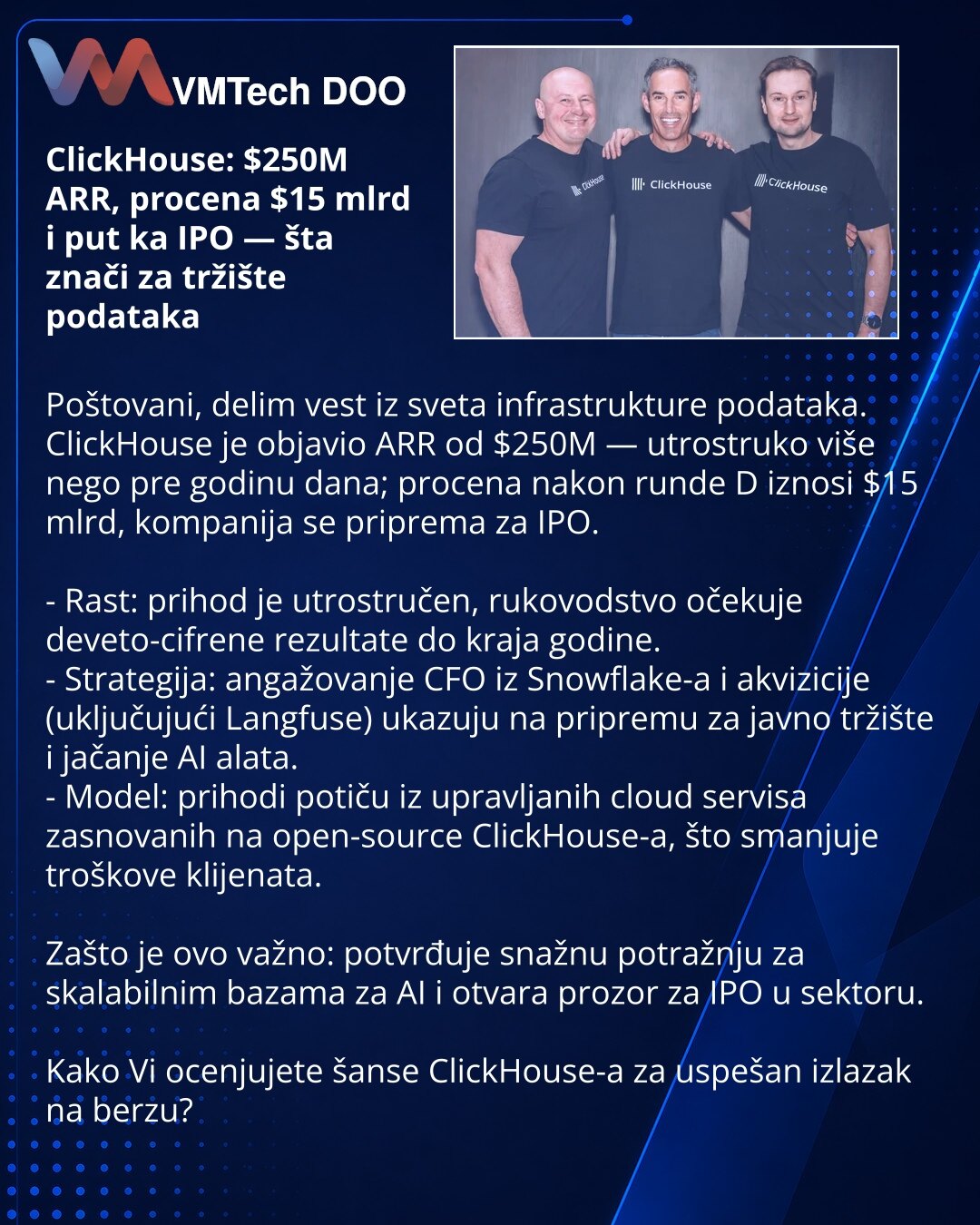 ClickHouse: $250M ARR, procena $15 mlrd i put ka IPO — šta znači za tržište podataka

Poštovani, delim vest iz sveta infrastrukture podataka.
ClickHouse je objavio ARR od $250M — utrostruko više nego pre godinu dana; procena nakon runde D iznosi $15 mlrd, kompanija se priprema za IPO.

- Rast: prihod je utrostručen, rukovodstvo očekuje deveto-cifrene rezultate do kraja godine.
- Strategija: angažovanje CFO iz Snowflake-a i akvizicije (uključujući Langfuse) ukazuju na pripremu za javno tržište i