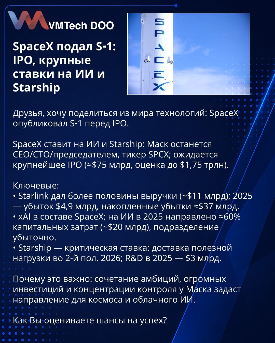 SpaceX podneo S‑1: IPO, opklade na veštačku inteligenciju i Starship

Prijatelji, želim da podelim iz sveta tehnologije: SpaceX je objavio S‑1 pred IPO.

SpaceX se kladi na veštačku inteligenciju i Starship: Elon Musk će ostati CEO/CTO i predsednik, ticker SPCX; očekuje se najveći IPO (≈ 75 mlrd USD, vrednovanje do 1,75 trln USD).

Ključne stavke:
• Starlink je dao više od polovine prihoda (~11 mlrd USD); 2025. — gubitak 4,9 mlrd USD, kumulativni gubici ≈37 mlrd USD.
• xAI je deo SpaceX; za AI j