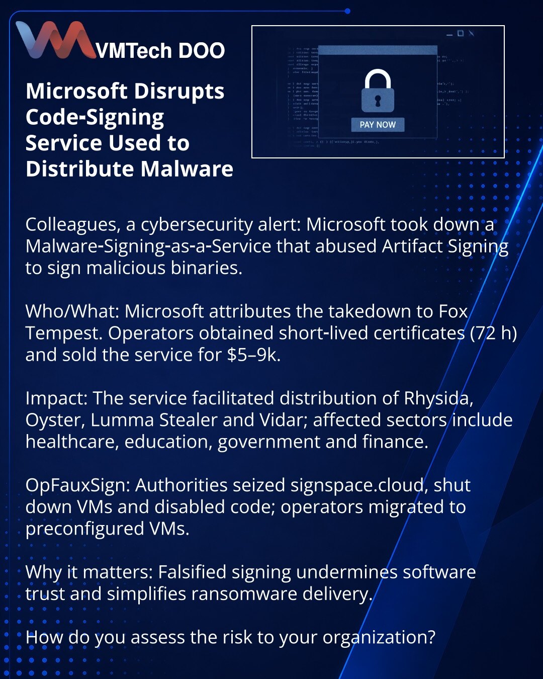 Microsoft neutralisao servis za potpisivanje koji se koristio za širenje zlonamernog softvera

Kolege, skrećem Vašu pažnju na sajber bezbednost: Microsoft onesposobio Malware‑Signing‑as‑a‑Service koji je koristio Artifact Signing za potpisivanje zlonamernih fajlova.

Ko i šta: Microsoft povezuje operaciju sa Fox Tempest; operatori dobijali 72‑časovne sertifikate i prodavali uslugu za $5–9k.
Posledice: preko servisa širili su se Rhysida, Oyster, Lumma Stealer i Vidar; pogođeni su zdravstvo, obraz