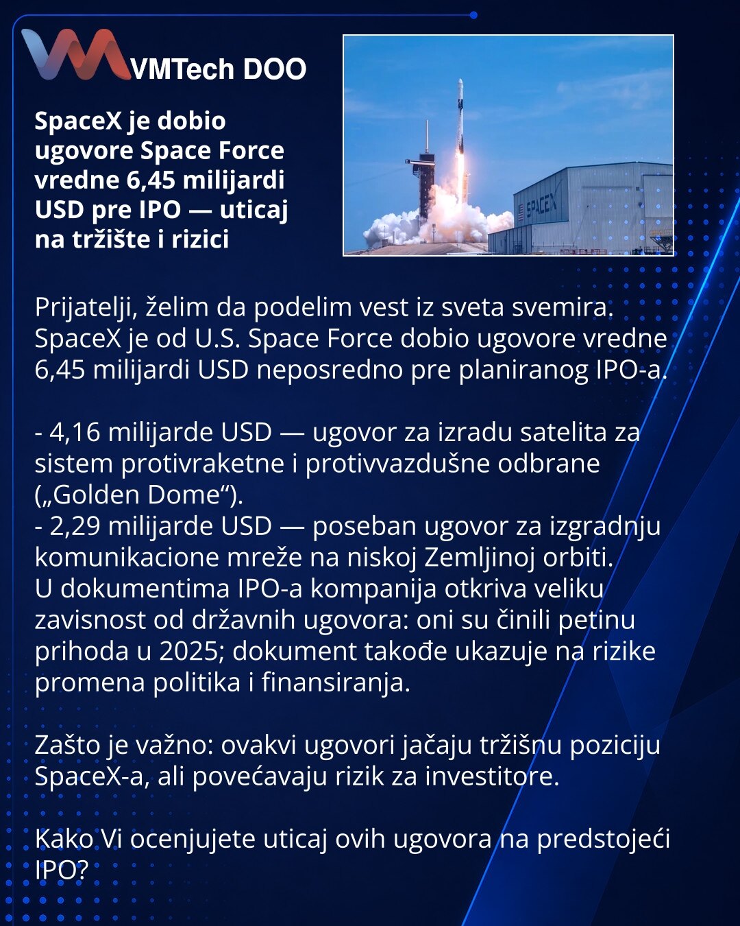 SpaceX je dobio ugovore Space Force vredne 6,45 milijardi USD pre IPO — uticaj na tržište i rizici

Prijatelji, želim da podelim vest iz sveta svemira.
SpaceX je od U.S. Space Force dobio ugovore vredne 6,45 milijardi USD neposredno pre planiranog IPO-a.

- 4,16 milijarde USD — ugovor za izradu satelita za sistem protivraketne i protivvazdušne odbrane („Golden Dome“).
- 2,29 milijarde USD — poseban ugovor za izgradnju komunikacione mreže na niskoj Zemljinoj orbiti.
U dokumentima IPO-a kompanija