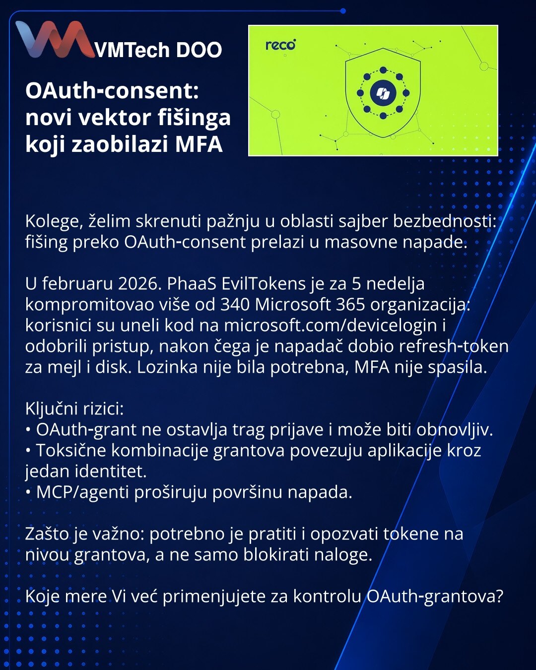OAuth‑consent: novi vektor fišinga koji zaobilazi MFA

Kolege, želim skrenuti pažnju u oblasti sajber bezbednosti: fišing preko OAuth‑consent prelazi u masovne napade.

U februaru 2026. PhaaS EvilTokens je za 5 nedelja kompromitovao više od 340 Microsoft 365 organizacija: korisnici su uneli kod na microsoft.com/devicelogin i odobrili pristup, nakon čega je napadač dobio refresh‑token za mejl i disk. Lozinka nije bila potrebna, MFA nije spasila.

Ključni rizici:
• OAuth‑grant ne ostavlja trag pri